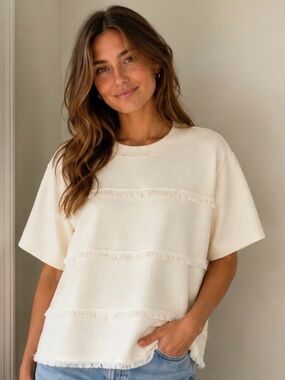 kate spade Cream Fringe-Trim Short Sleeve Sweatshirt
